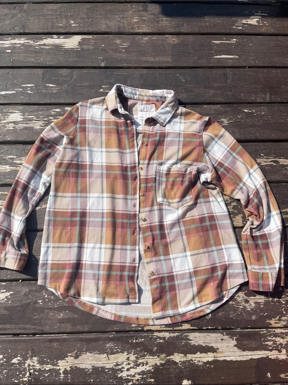 Bluenotes brown, pink and green flannel button up shirt